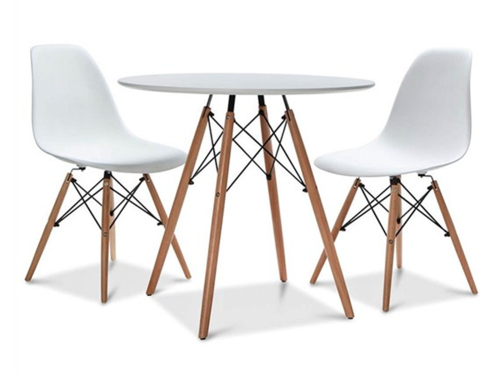 Zestaw stół okrągły Paris 70 cm + 2 krzesła Milano białe, nogi bukowe