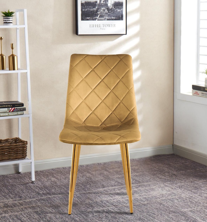 Krzesło tapicerowane Adel musztardowe, nogi złote welur