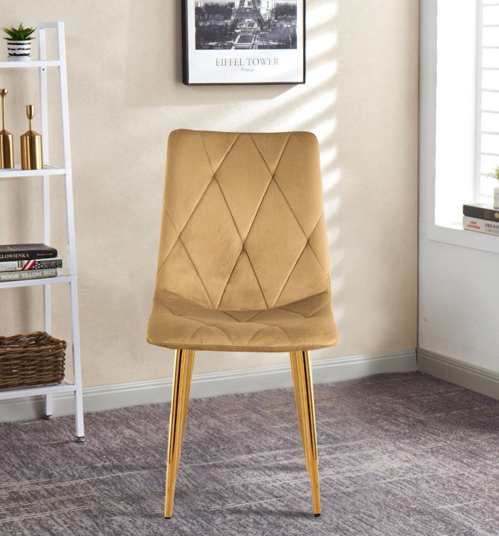 Krzesło tapicerowane Tom musztardowe, nogi złote welur