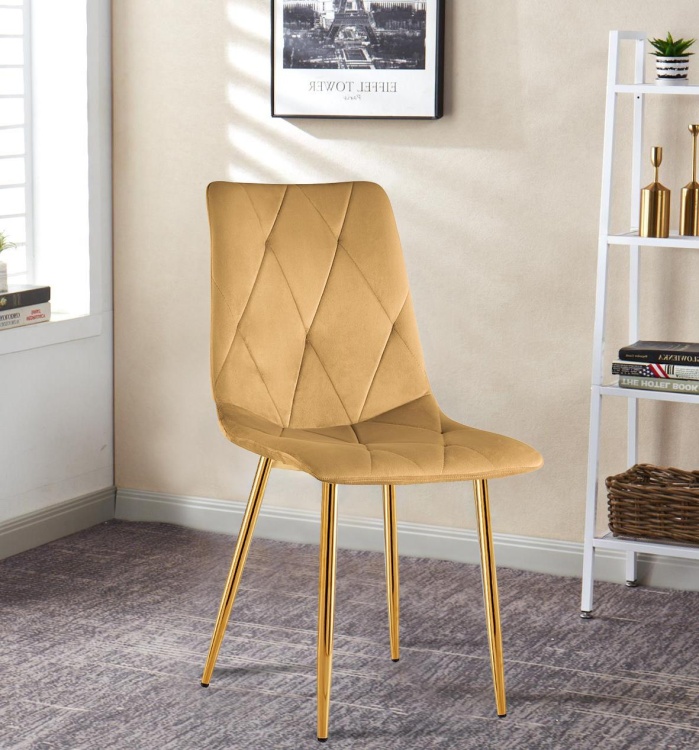 Krzesło tapicerowane Tom musztardowe, nogi złote welur