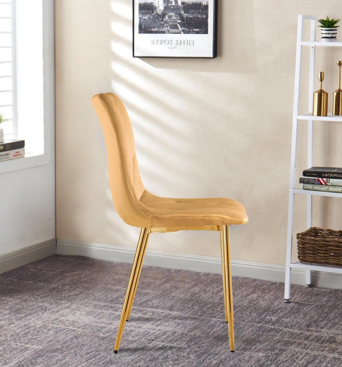 Krzesło tapicerowane Tom musztardowe, nogi złote welur