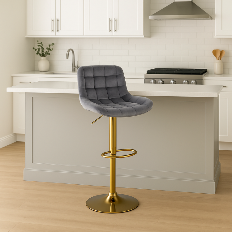 Hoker regulowany Ivon ciemno szary welur, noga złota, regulowany, obrotowy