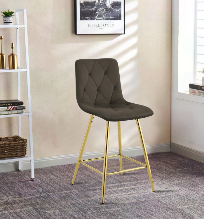 Hoker tapicerowany niski Tom brązowy, nogi złote 65 cm