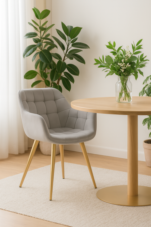 Fotel do salonu Alaska szary, nogi złote tapicerowany, pikowany welur