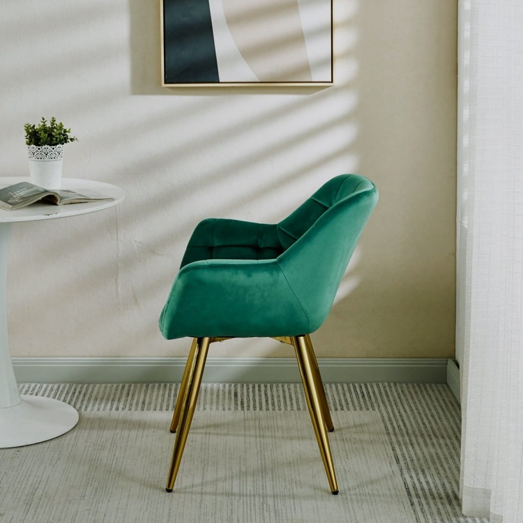 Fotel z podłokietnikami tapicerowany Alaska morski zielony, nogi złote pikowany welur