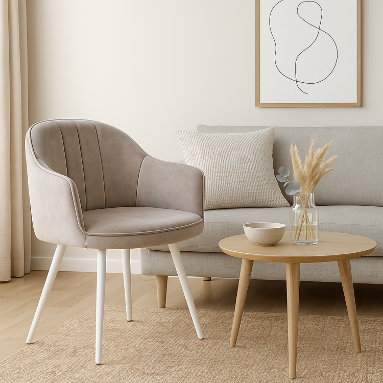 Fotel do salonu Kanada beżowy, nogi białe tapicerowany welur