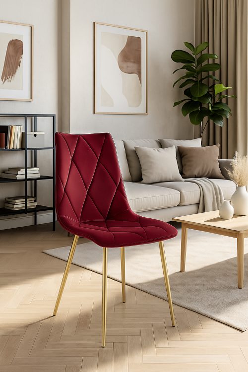 Krzesło tapicerowane Tom bordowe, nogi złote welur