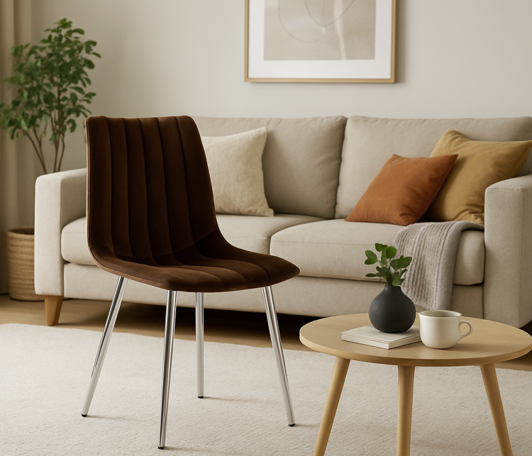 Krzesło tapicerowane Alan brązowe, welurowe, nogi chrom. Widok z przodu, bokiem.