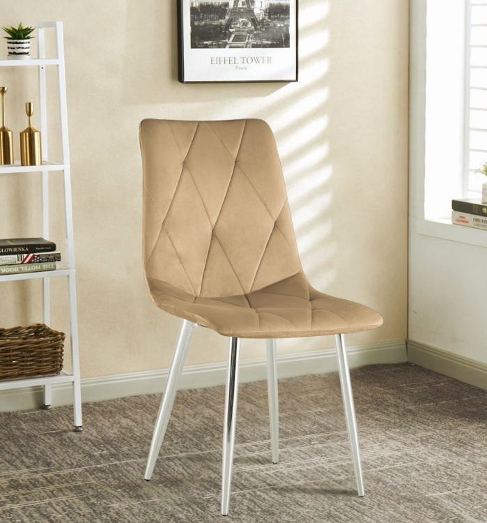 Krzesło tapicerowane Tom jasno brązowe, nogi chrom welur