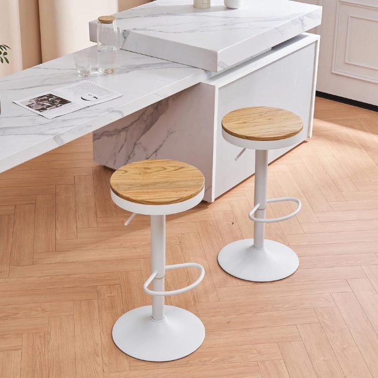 Hoker regulowany Sydney biały siedzisko drewniane, obrotowy, regulowany