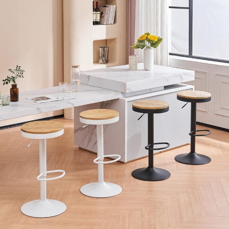 Hoker regulowany Sydney biały siedzisko drewniane, obrotowy, regulowany