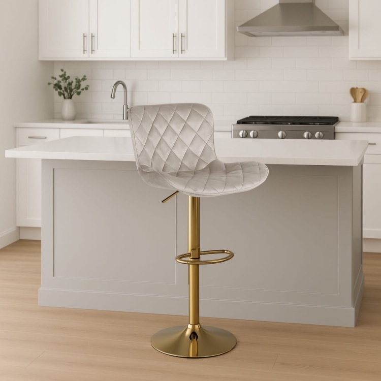 Hoker regulowany Adel beżowy welur, noga złota, regulowany, obrotowy