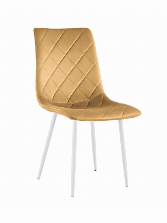 Krzesło tapicerowane Adel musztardowe, nogi białe welur