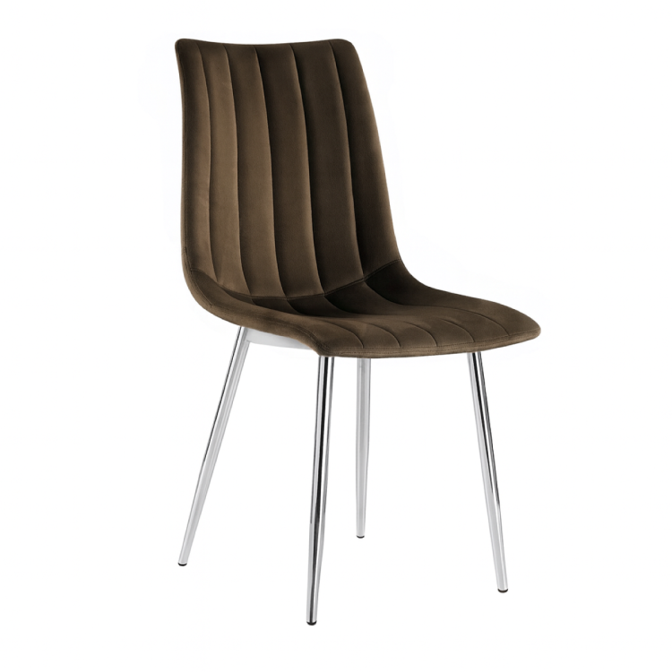 Krzesło tapicerowane Alan brązowe, welurowe, nogi chrom. Widok z przodu, bokiem.