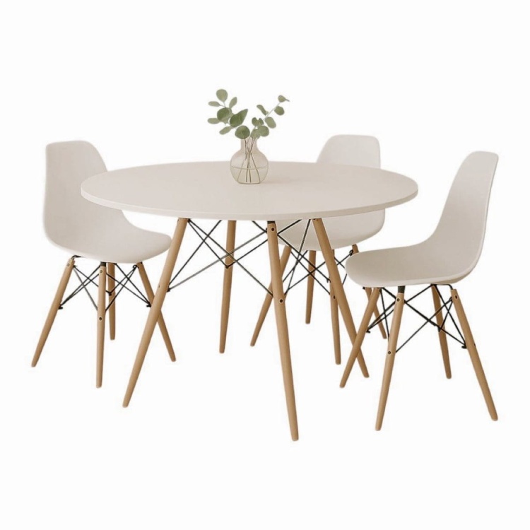 Zestaw stół okrągły Paris 80 cm + 3 krzesła Milano białe nogi bukowe