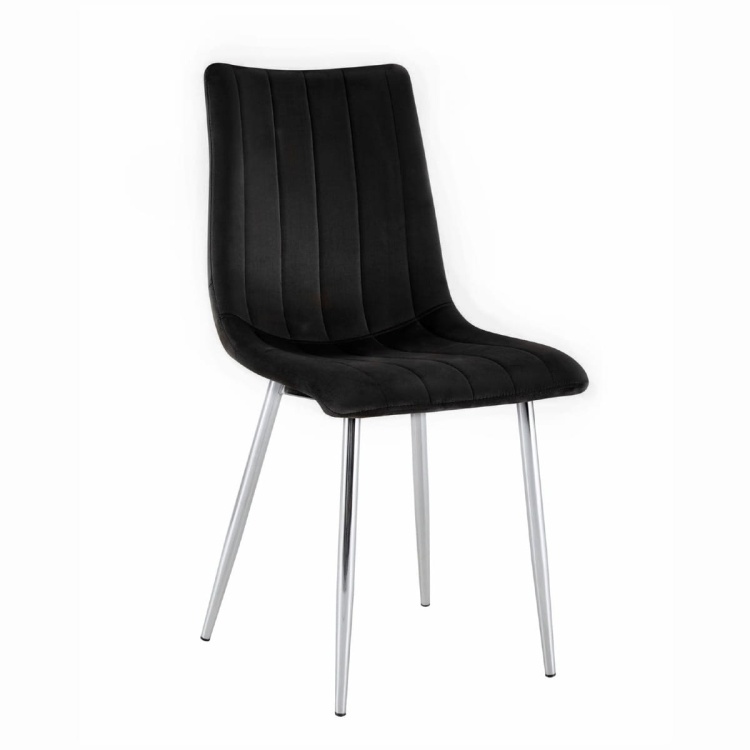 Krzesło tapicerowane Alan czarne welurowe, nogi chrom. Widok z przodu