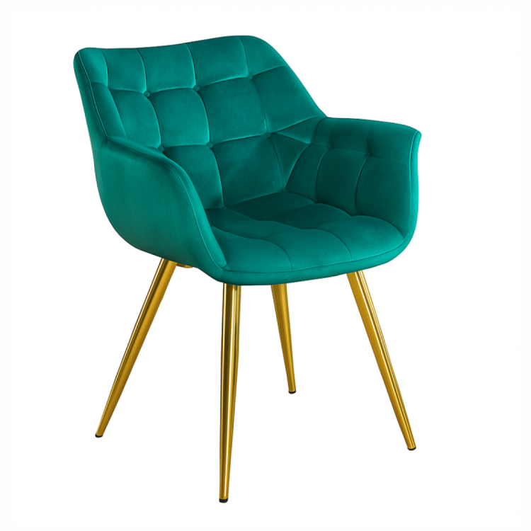 Fotel z podłokietnikami tapicerowany Alaska morski zielony, nogi złote pikowany welur
