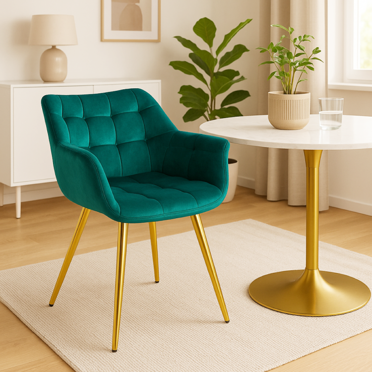 Fotel z podłokietnikami tapicerowany Alaska morski zielony, nogi złote pikowany welur