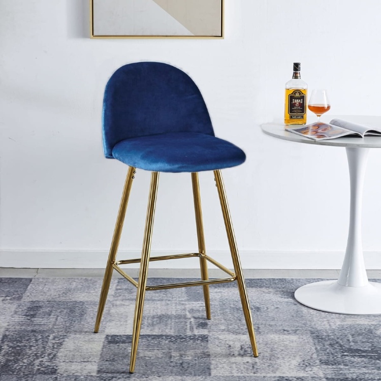 Hoker tapicerowany Odessa granatowy nogi złote krzesło barowe welur