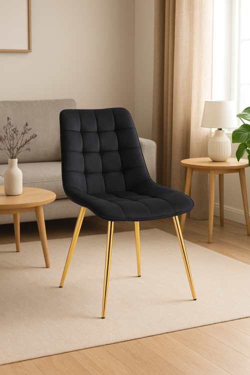 Krzesło do salonu Maroko czarne nogi złote welur