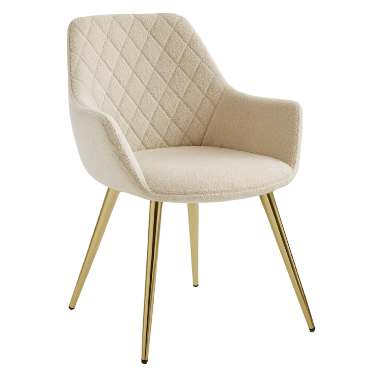 Krzesło do salonu z tkaniny szenilowej Teddy beżowe nogi złote boucle chenilla
