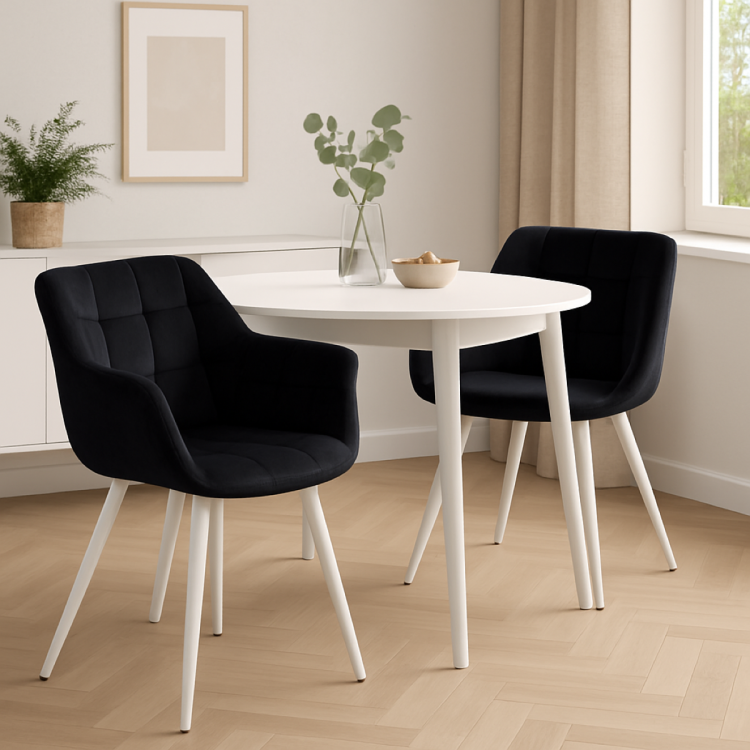 Fotel tapicerowany Alaska czarny, nogi białe pikowany welur