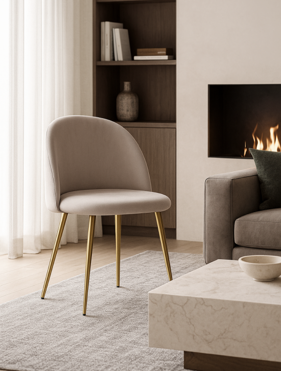 Krzesło tapicerowane Odessa beżowe nogi złote przeszycia welur