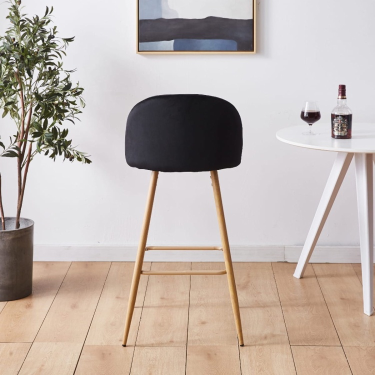 Hoker tapicerowany Odessa czarny nogi okleina drewniana krzesło barowe welur