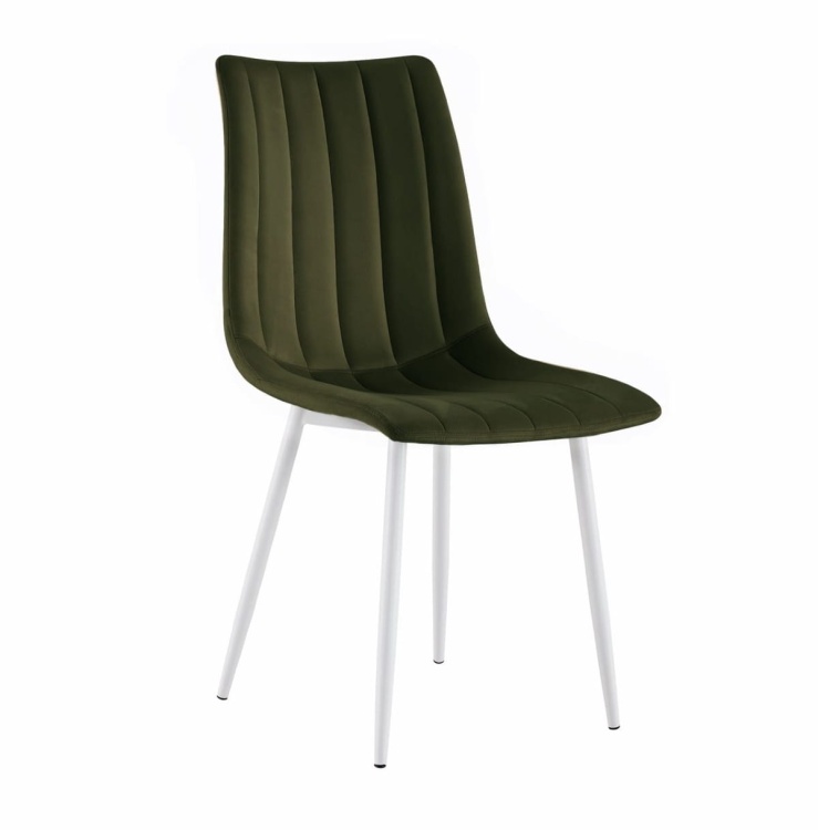 Krzesło tapicerowane Alan zielone(trawiaste), welurowe, nogi białe. Widok z przodu bokiem