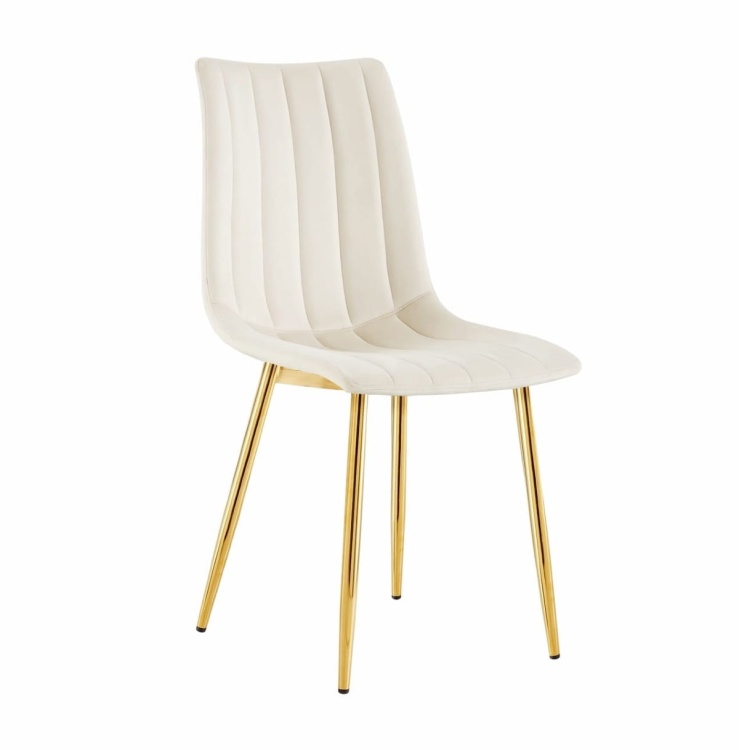 Krzesło tapicerowane Alan kremowe, welurowe, nogi złote. Widok z przodu, bokiem