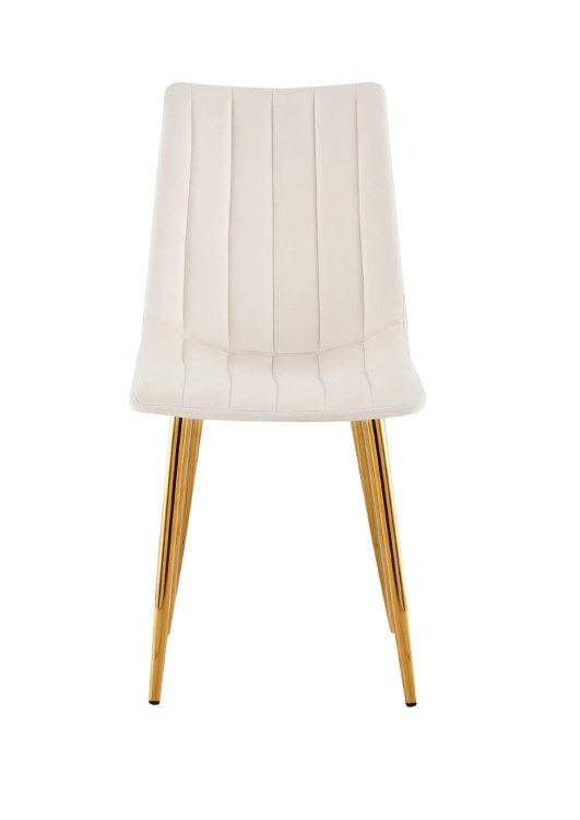 Krzesło tapicerowane Alan kremowe, welurowe, nogi złote. Widok z przodu.