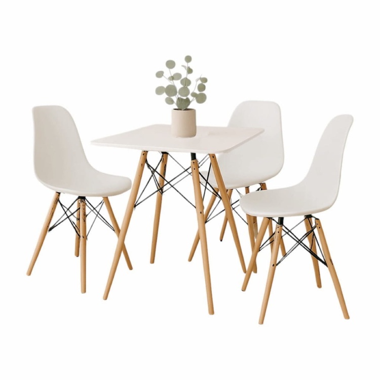 Zestaw stół kwadratowy Paris 70x70 cm + 3 krzesła Milano białe nogi bukowe