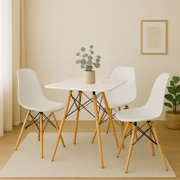 Zestaw stół kwadratowy Paris 70x70 cm + 3 krzesła Milano białe nogi bukowe