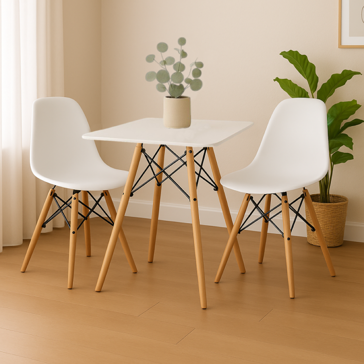 Zestaw stół kwadratowy Paris 70x70 cm + 2 krzesła Milano białe nogi bukowe