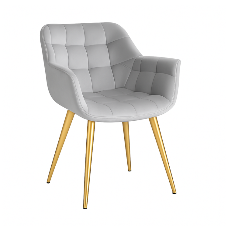 Fotel do salonu Alaska szary, nogi złote tapicerowany, pikowany welur
