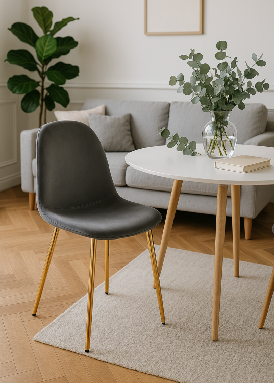 Krzesło tapicerowane do salonu Fox ciemno szare, nogi złote welur