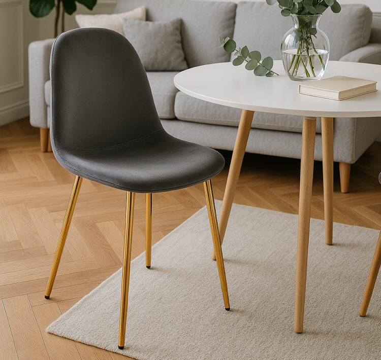 Krzesło tapicerowane do salonu Fox ciemno szare, nogi złote welur