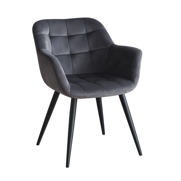 Fotel do salonu Alaska ciemno szary, nogi czarne tapicerowany pikowany welur