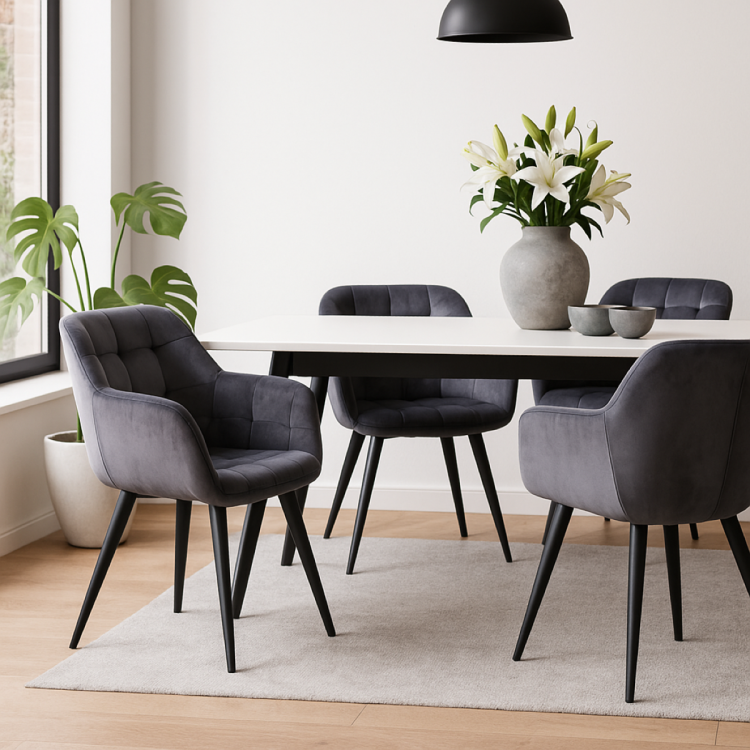 Fotel do salonu Alaska ciemno szary, nogi czarne tapicerowany pikowany welur