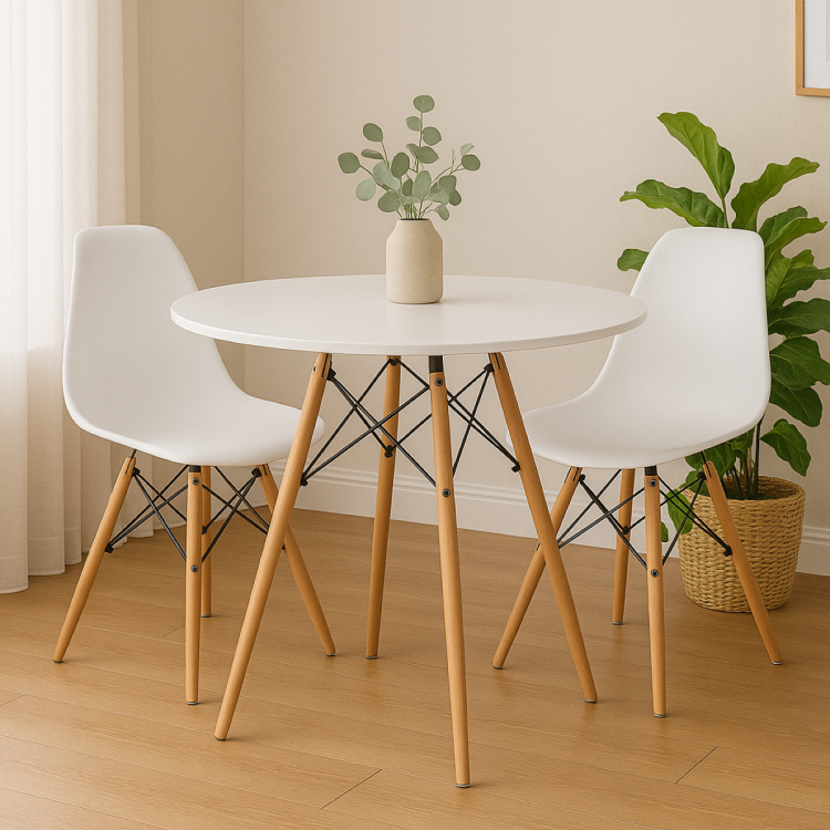 Zestaw stół okrągły Paris 90 cm + 2 krzesła Milano białe nogi bukowe