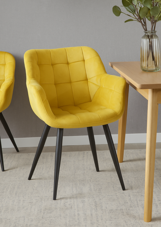Fotel do salonu Alaska żółty, nogi czarne tapicerowany pikowany welur