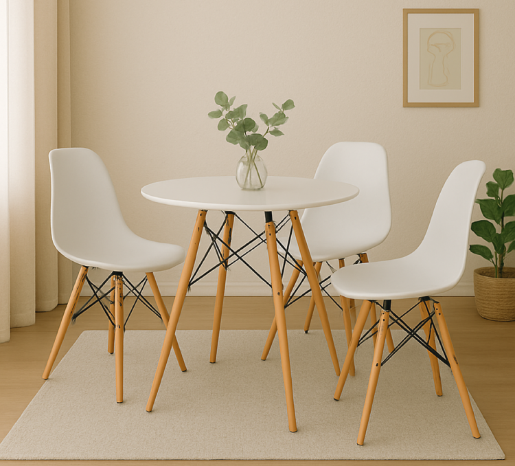 Zestaw stół okrągły Paris 60 cm + 3 krzesła Milano białe nogi bukowe