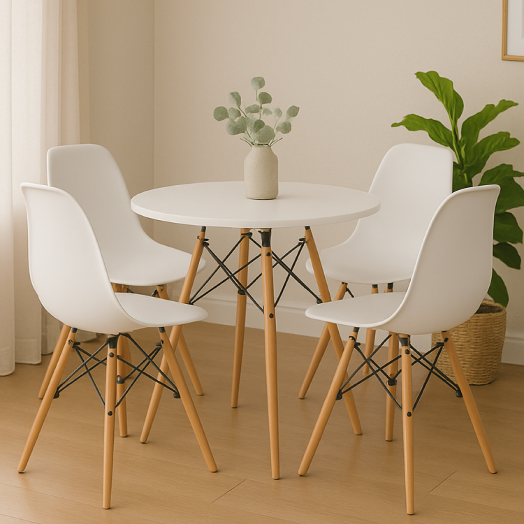 Zestaw stół okrągły Paris 70 cm + 4 krzesła Milano białe nogi bukowe