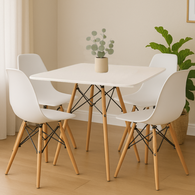 Zestaw stół kwadratowy Paris 80x80 cm + 4 krzesła Milano białe nogi bukowe