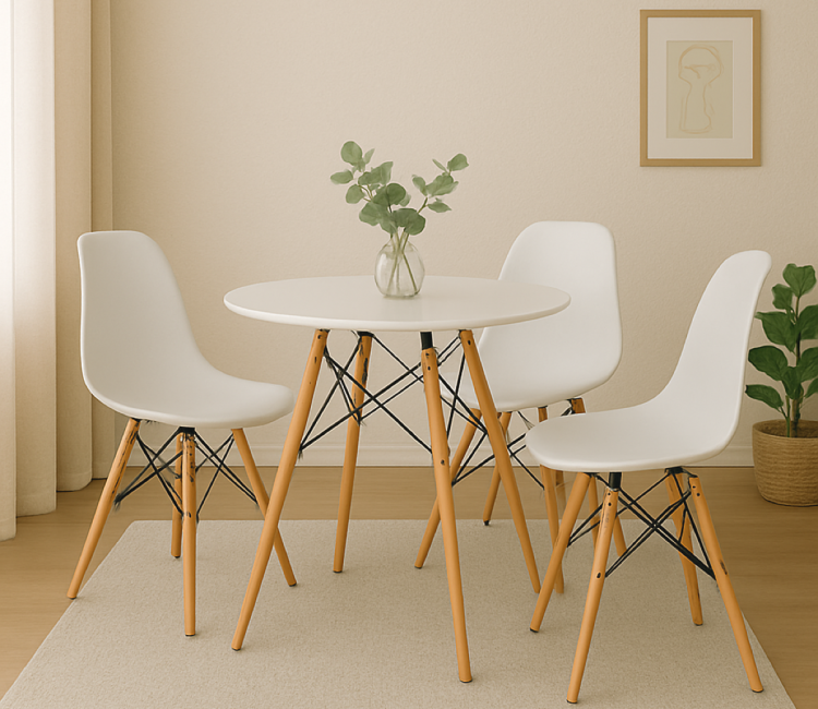 Zestaw stół okrągły Paris 70 cm + 3 krzesła Milano białe nogi bukowe