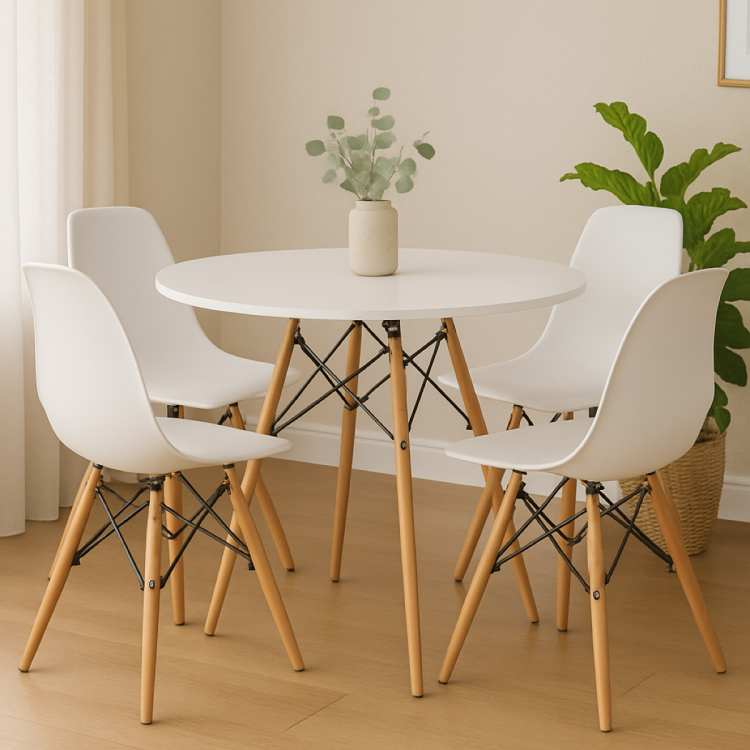 Zestaw stół okrągły Paris 90 cm + 4 krzesła Milano białe nogi bukowe