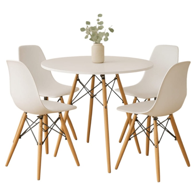 Zestaw stół okrągły Paris 80 cm + 4 krzesła Milano białe nogi bukowe