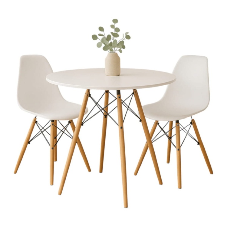 Zestaw stół okrągły Paris 80 cm + 2 krzesła Milano białe nogi bukowe