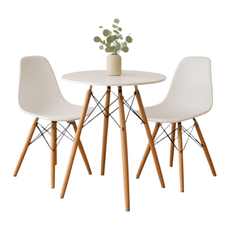 Zestaw stół okrągły Paris 70 cm + 2 krzesła Milano białe, nogi bukowe