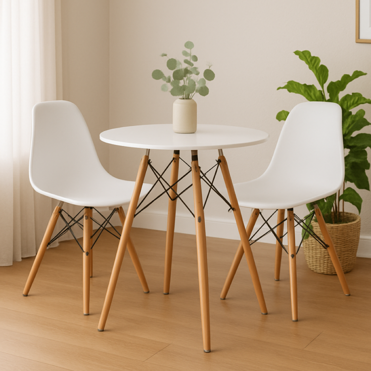 Zestaw stół okrągły Paris 70 cm + 2 krzesła Milano białe, nogi bukowe